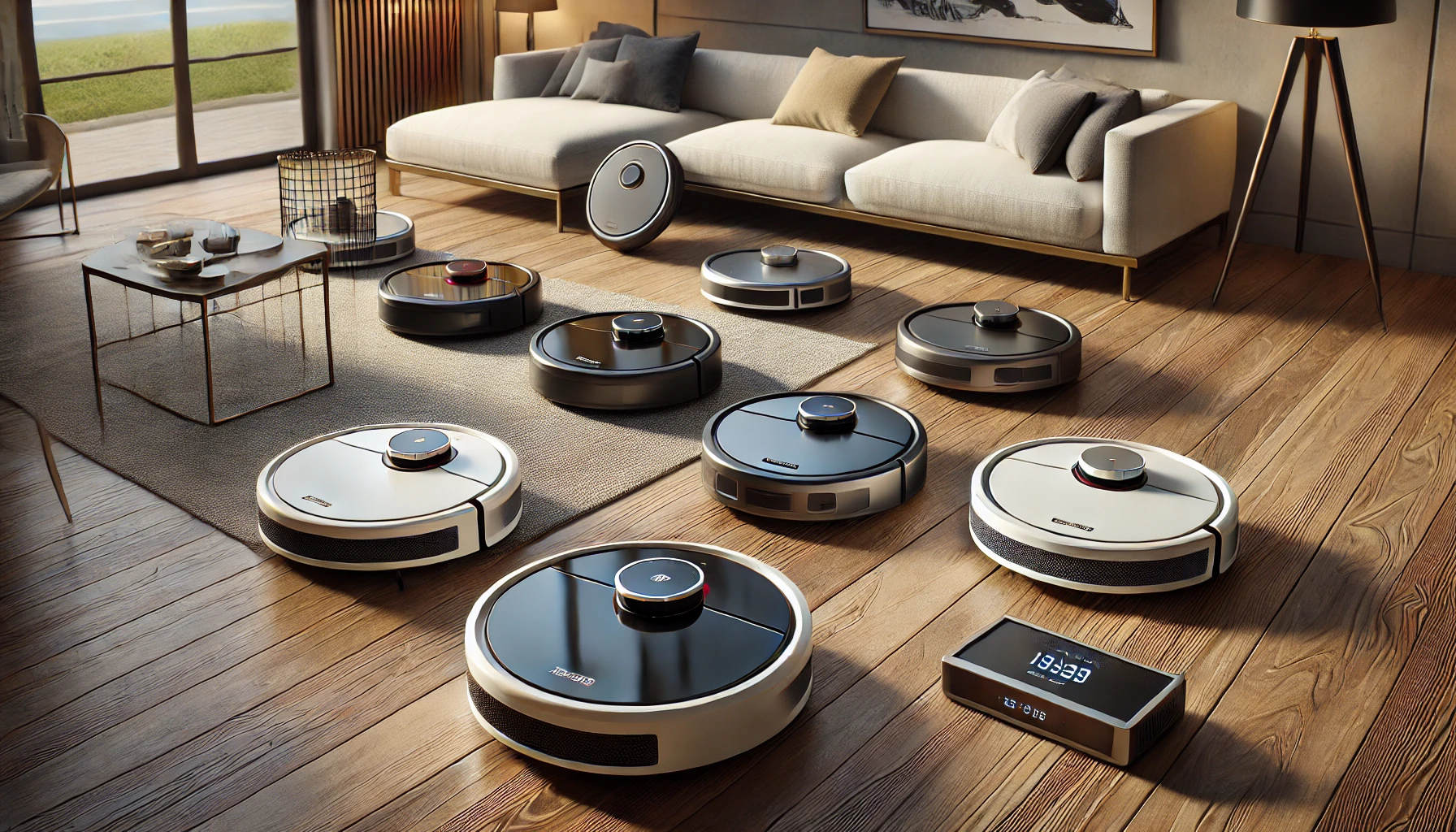 DALL·E 2025 02 04 18.37.41 A realistic image showcasing a selection of high end robot vacuum cleaners displayed on a wooden surface. The image includes models with sleek modern